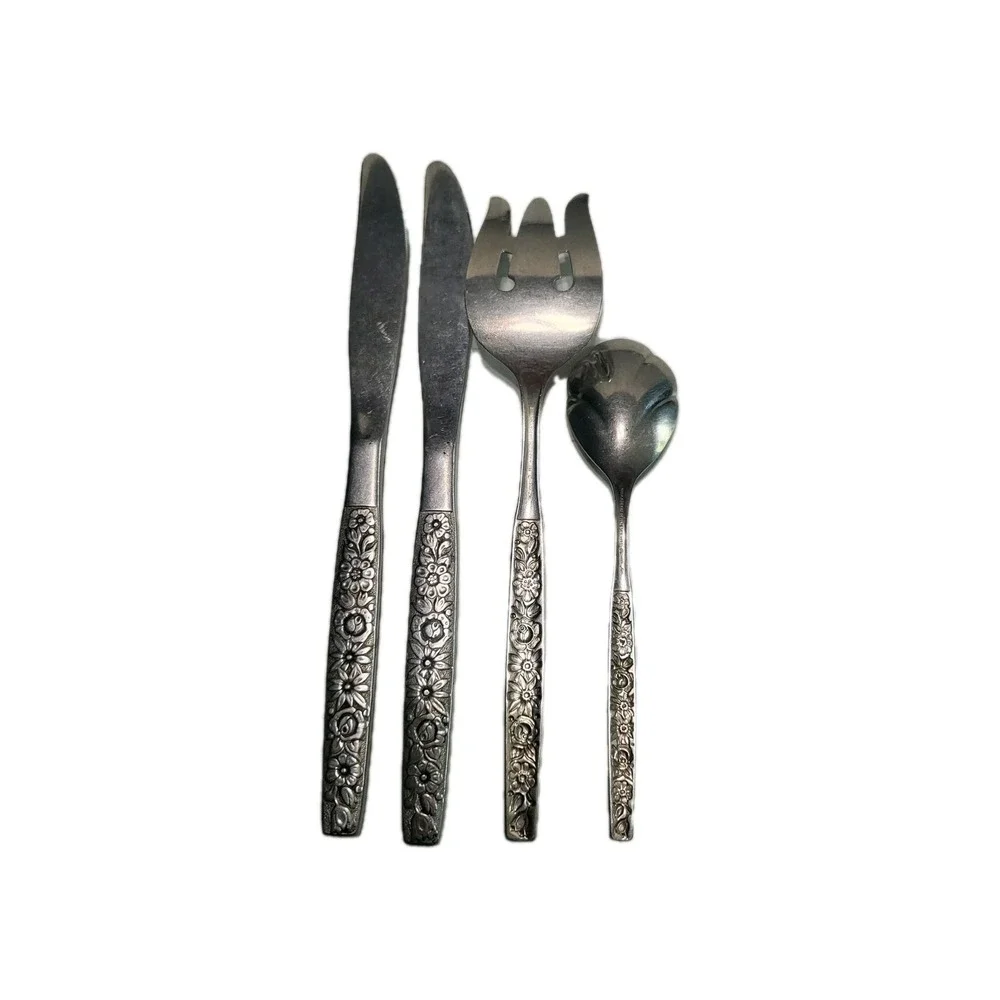 Vintage Oneida Malibu Stainless Floral Flatware Set: 2 Knives Fork Spoon